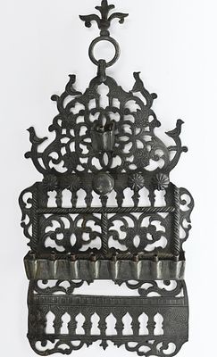 Moroccan-style pewter menorah – cast, 
Authentic menorah in cast work, in the traditional 