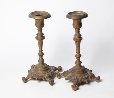 Pair of candlesticks, early 19th century, brass, stunningly decorated down to the smallest 