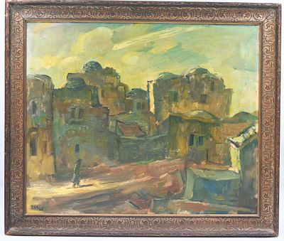 Oil painting on canvas, depicting a view of an alley and crowded stone houses in the city of 