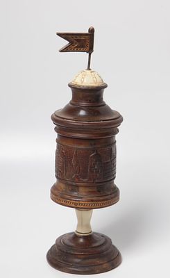 A perfume tower made of olive wood with "precious white matter". Early 20th century. Decorated 