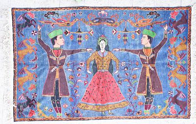 Caucasian Rug 
A Caucasian or Azeri pictorial rug depicting a traditional Lezginka dance scene. 