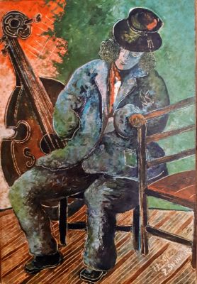 צבי שנער (1936 ) - דמות עם צ'לו 
גואש על עץ 
חתום וממוסגר ומתוארך