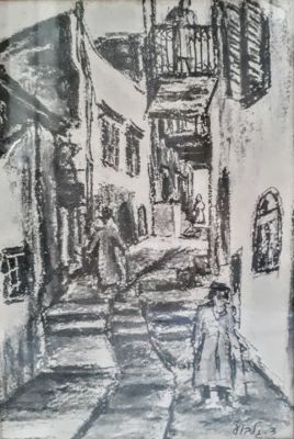 דוד גלבוע (1910-1976) - סמטאות העיר העתיקה
עיפרון ופחם על נייר 
חתום וממוסגר 
מידות: 13.5X20.5 ס"מ