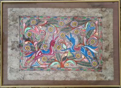 ציור יד נאיבי דרום אמריקאי על עץ בדמות צמד סוסים ציפורים ופרחים 
ממוסגר 
מידות: ללא מסגרת: 