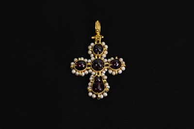 An Eastern European Byzantine Gold Cross Pendant Decorated with Garnets and Pearls, 18th 