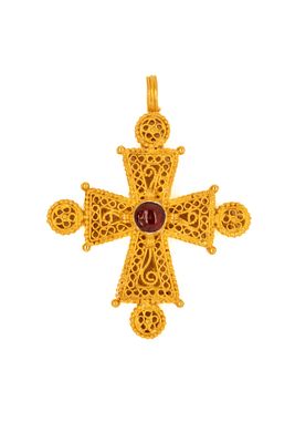 An Early Byzantine Gold Cross Pendant with Garnet and Filigree Work, 2nd Century or Later. This 