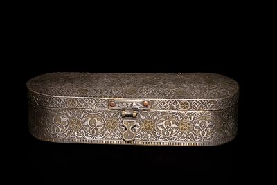 An Islamic Mamluk Style Brass Qalamdan Pen Box with Intricate Silver Inlay. This pen box 