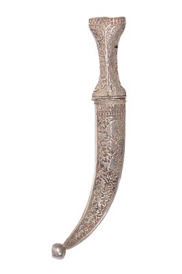 A Qajar Silver Inlaid Dagger with Hunting Scene Motifs. A Qajar dagger featuring a curved blade 