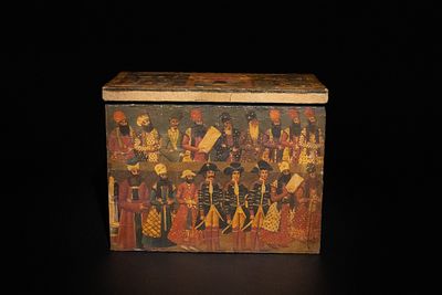 **NO RESERVE** A Persian Wooden Box Depicting British and Iranian Officials, Mid-20th Century. 
