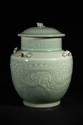 A Chinese Longquan Kiln Celadon Porcelain Dragon and Phoenix Jar, Possibly Yuan Dynasty. A 