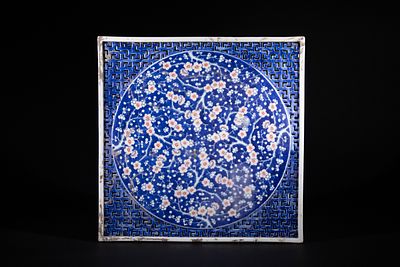 A Chinese Tibetan Blue and White Porcelain Plaque with Prunus Decoration. A Chinese Tibetan 
