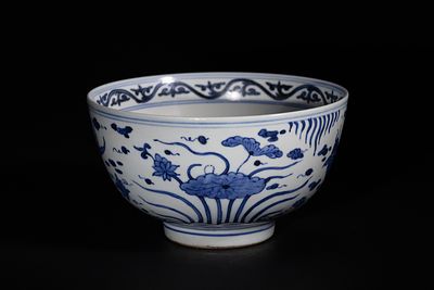 A Chinese Blue and White 'Fish and Aquatic Plant' Porcelain Bowl, Xuande Mark. A Chinese blue 
