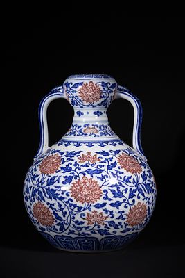 A Rare Chinese Underglaze Blue and Copper-Red Decorated Amphora-Form Vase, Yongzheng Mark. A 