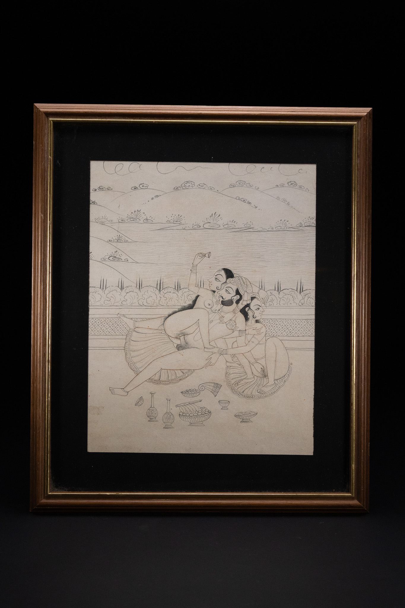 AN INDIAN PEN AND INK DRAWING OF AN EROTIC SCENE, RAJASTHAN SCHOOL, 18TH OR 19TH CENTURY.