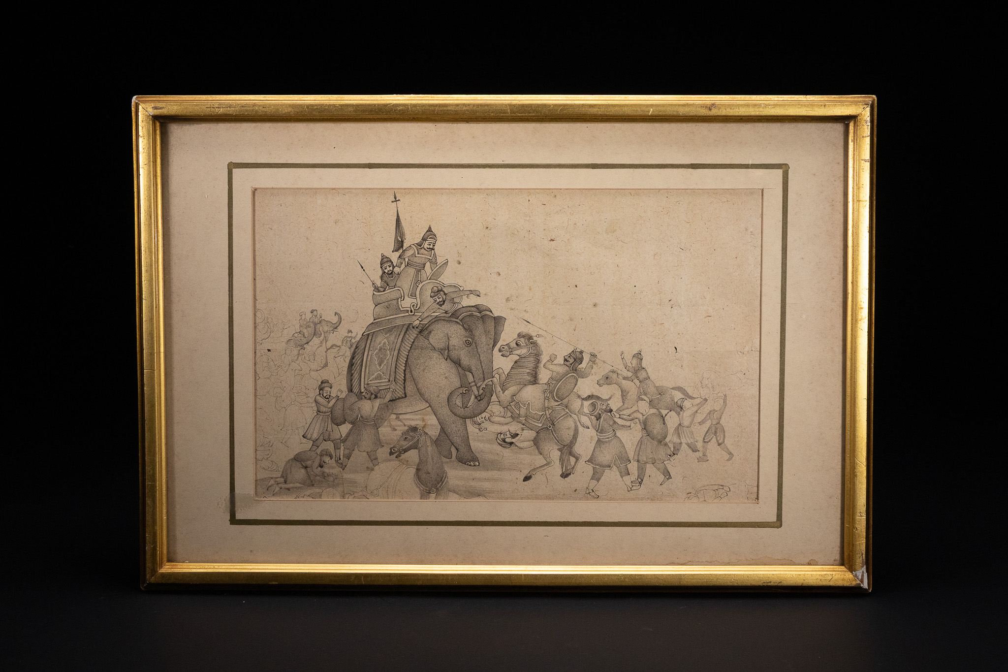 AN INDIAN PEN AND INK DRAWING, SKIRMISH WITH AN ELEPHANT, NORTH INDIA, 18TH OR 19TH CENTURY.