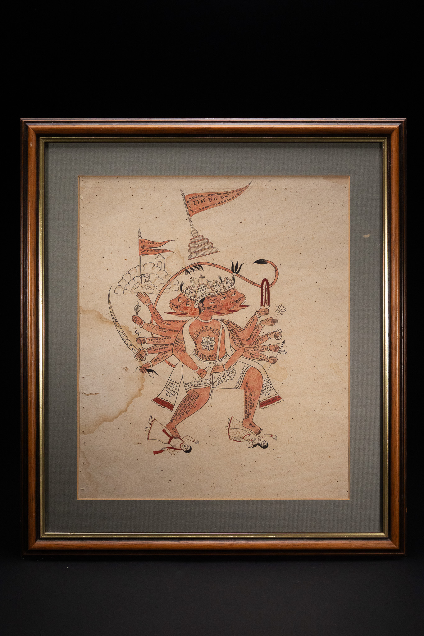 A NORTH INDIAN FOLK PAINTING OF PANCHAMUKHI HANUMAN WITH RAM-NAM SCRIPT, 19TH CENTURY.