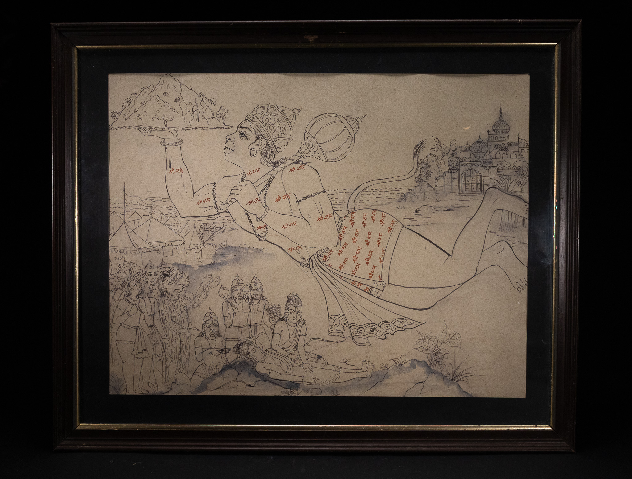 A NORTH INDIAN SCHOOL MINIATURE SKETCH OF HANUMAN FETCHING THE DRONAGIRI MOUNTAIN, PEN AND INK WITH WASH, LATE 19TH OR EARLY 20TH CENTURY.