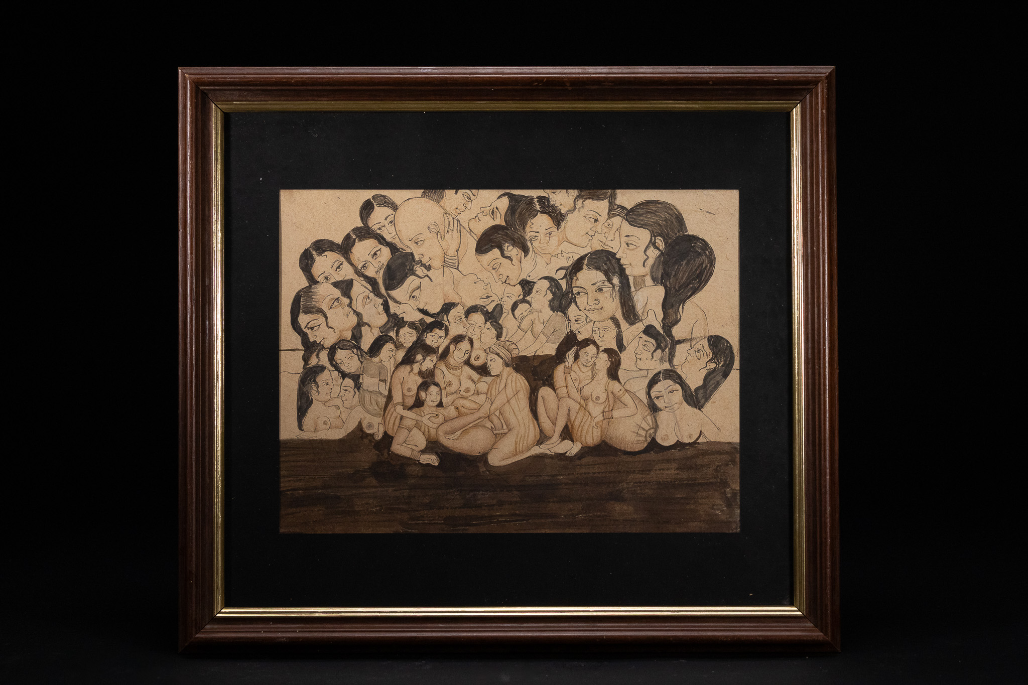 AN INDIAN SCHOOL SURREALIST COMPOSITION OF EROTIC FIGURES AND FACES, INK AND WASH ON PAPER,  19TH CENTURY.