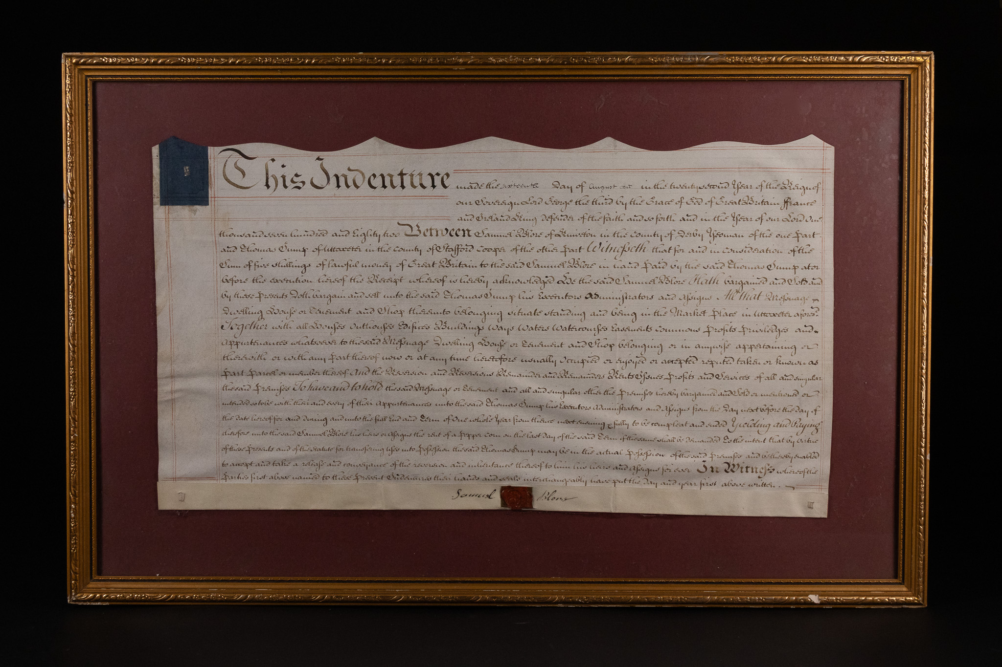 SHORE, SAMUEL. INDENTURE FOR A SHOP IN UTTOXETER, STAFFORDSHIRE. 1782. MANUSCRIPT ON VELLUM. (SIGNED)