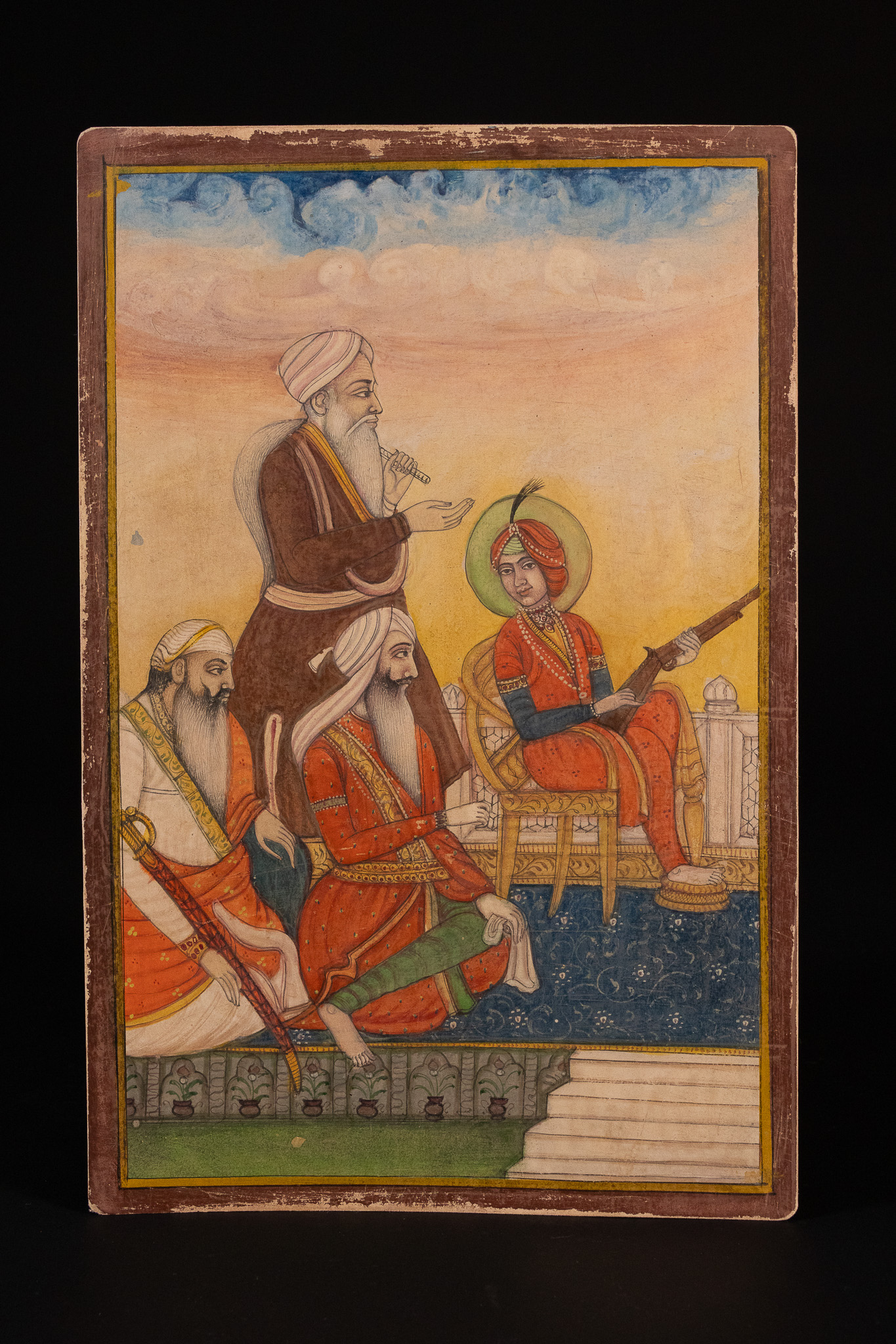 A SIKH SCHOOL MINIATURE PAINTING DEPICTING MAHARAJA DULEEP SINGH ON A TERRACE WITH ATTENDANTS, 19TH CENTURY.