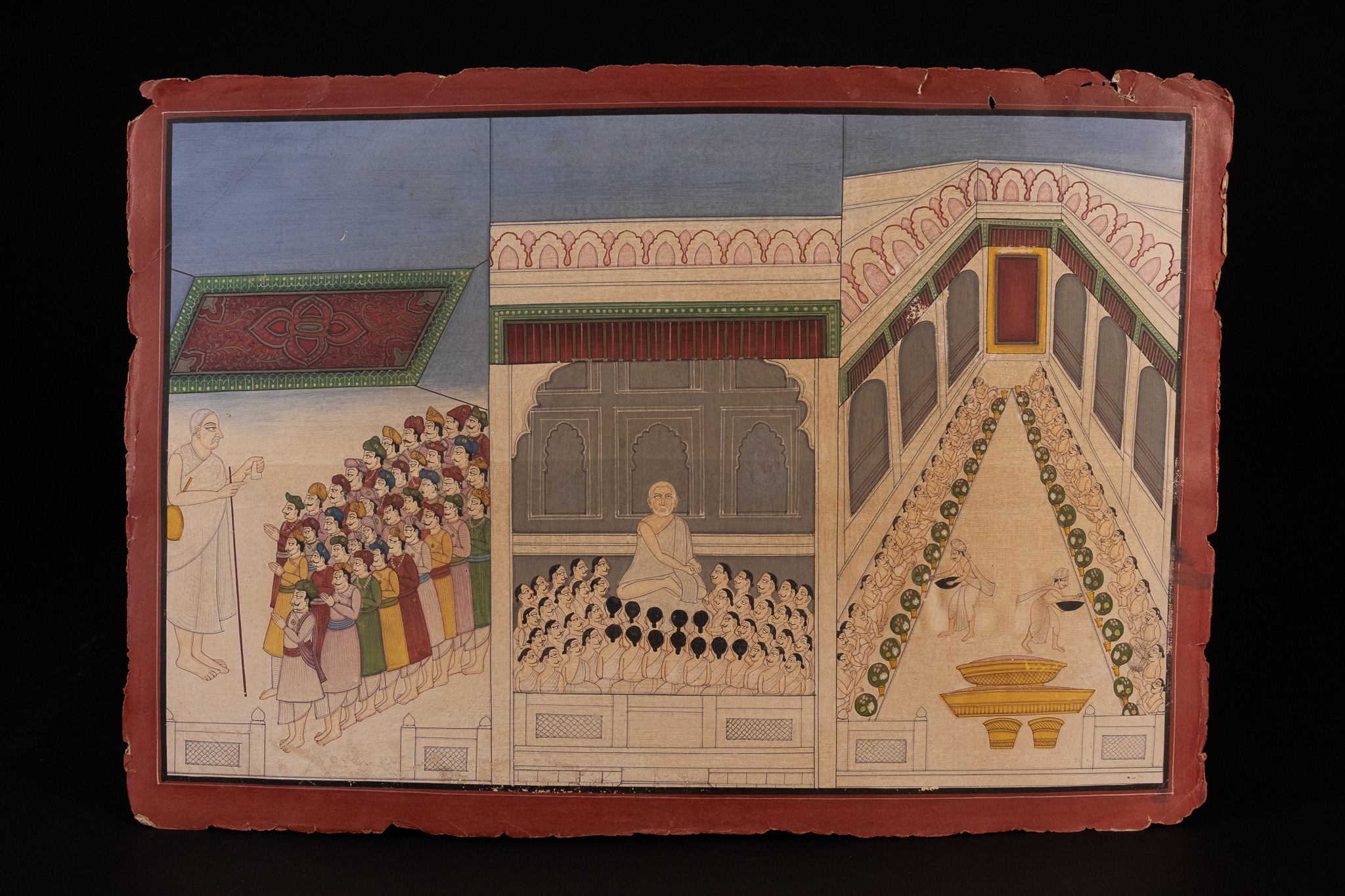 A RAJASTHANI SCHOOL NARRATIVE MINIATURE PAINTING DEPICTING SPIRITUAL INSTRUCTION AND A COMMUNAL FEAST, 19TH CENTURY.