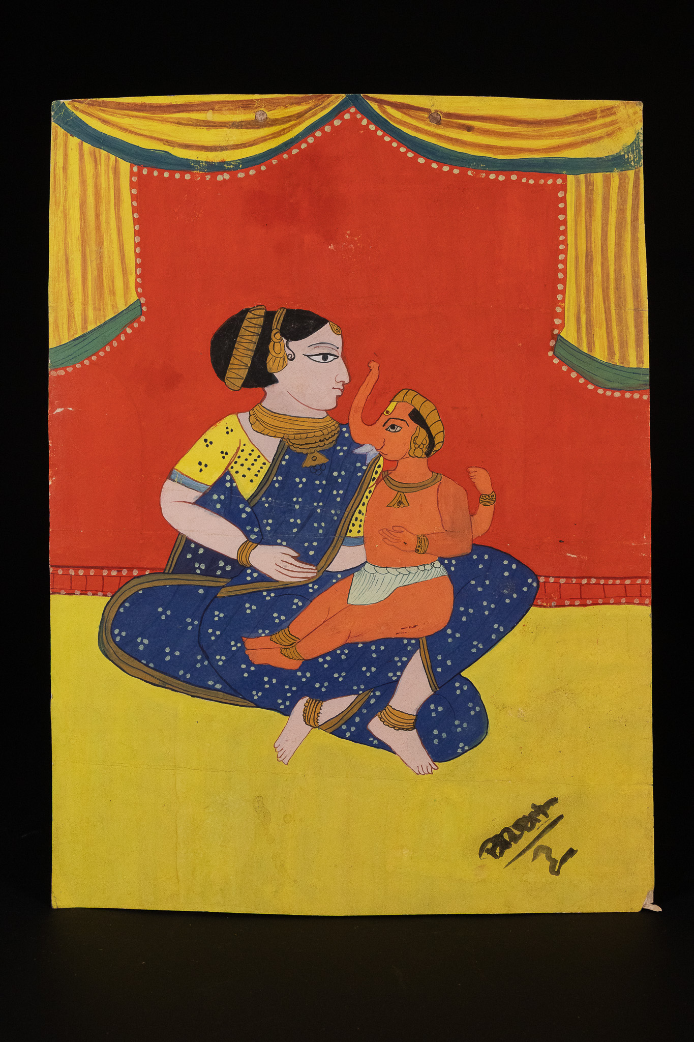 INDIAN FOLK PAINTING DEPICTING PARVATI AND INFANT GANESHA, 20TH CENTURY.