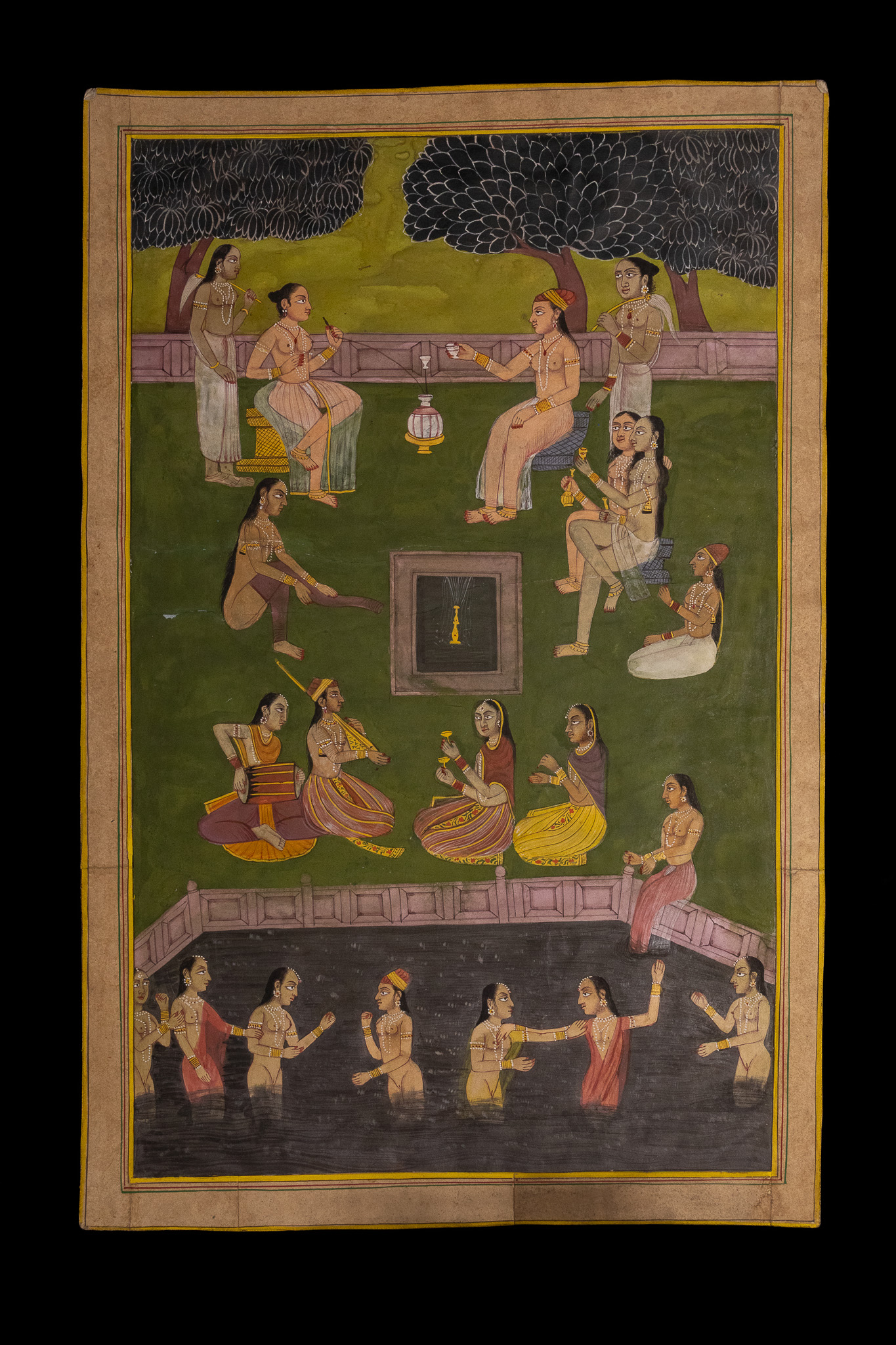 AN INDIAN MINIATURE PAINTING DEPICTING LADIES AT LEISURE IN A GARDEN AND BATHING POOL, NORTH INDIA, LATE 18TH OR EARLY 19TH CENTURY.