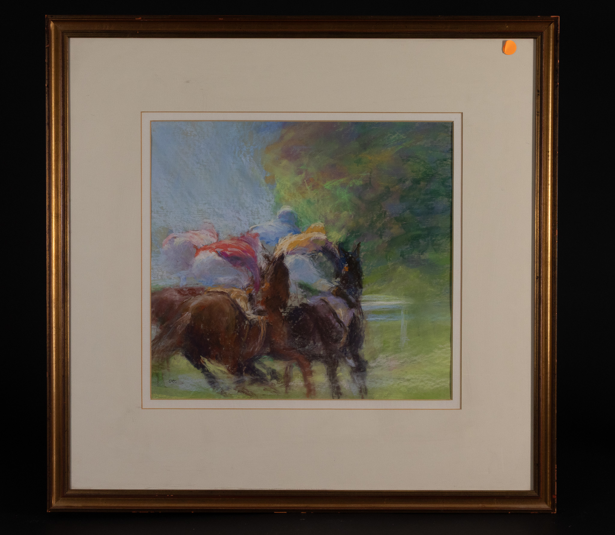 CONSTANCE HALFORD-THOMPSON, HORSE RACING SCENE, PASTEL ON PAPER.
