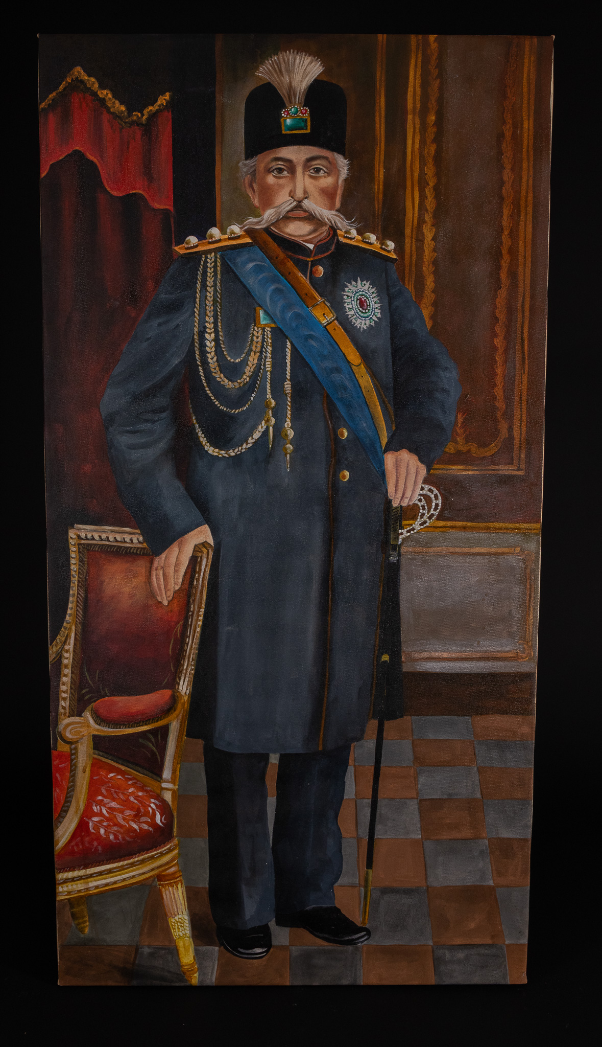 A LARGE PORTRAIT OF MUZAFFAR AL-DIN SHAH QAJAR, PERSIAN QAJAR SCHOOL, LATE 19TH OR EARLY 20TH CENTURY.