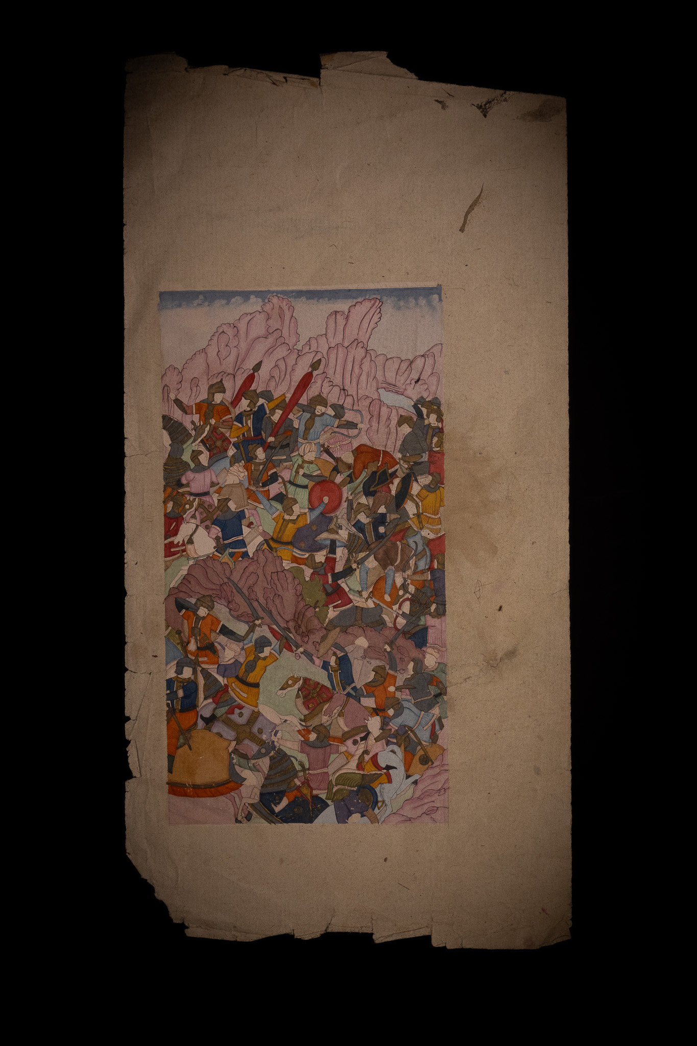 A PERSIAN ILLUMINATED MANUSCRIPT LEAF DEPICTING A BATTLE SCENE, 19TH CENTURY.