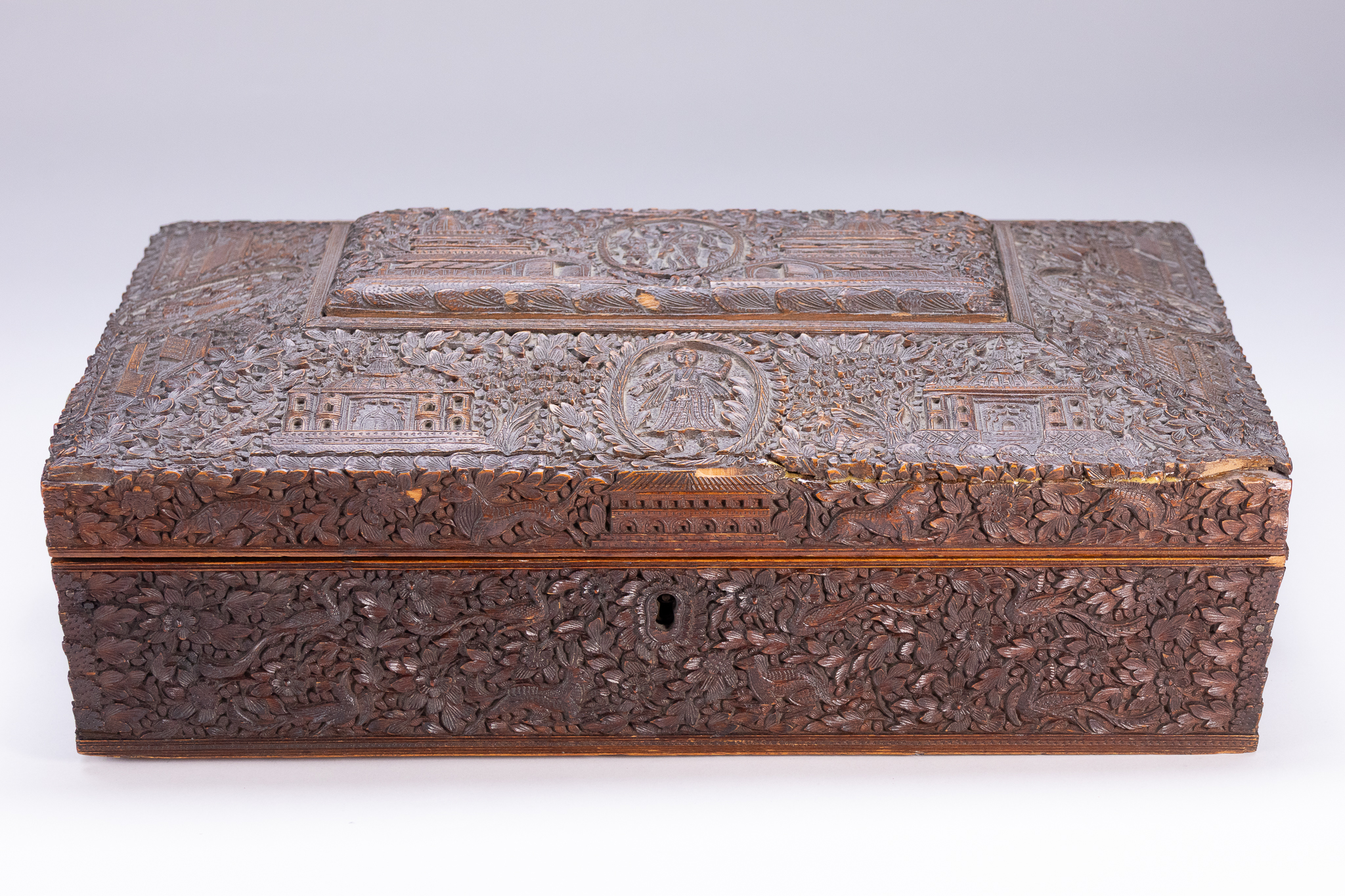 AN ANGLO-INDIAN CARVED SANDALWOOD BOX.