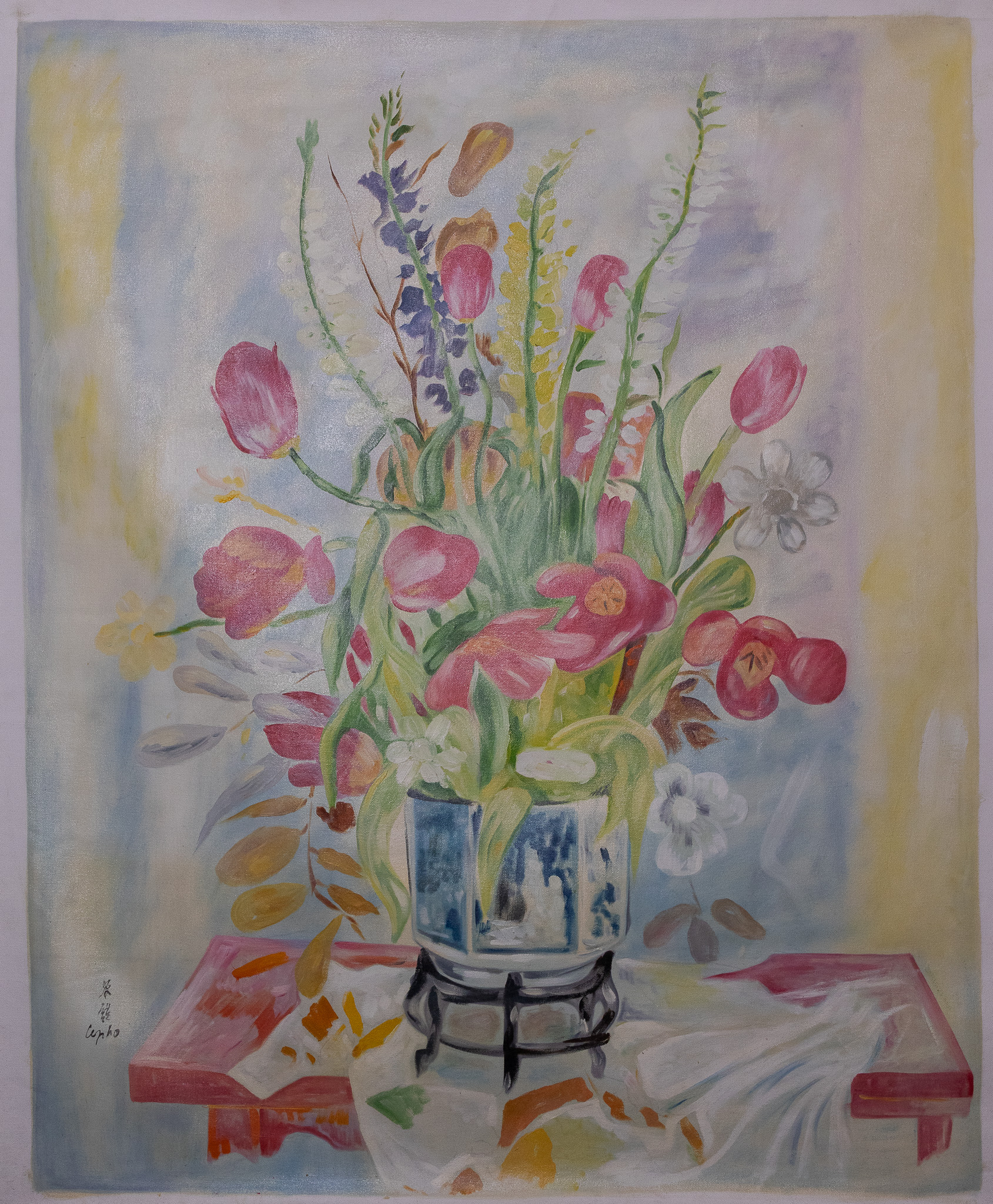 LE PHO (1907-2001), STILL LIFE WITH FLOWERS IN A BLUE AND WHITE CERAMIC POT, OIL ON CANVAS