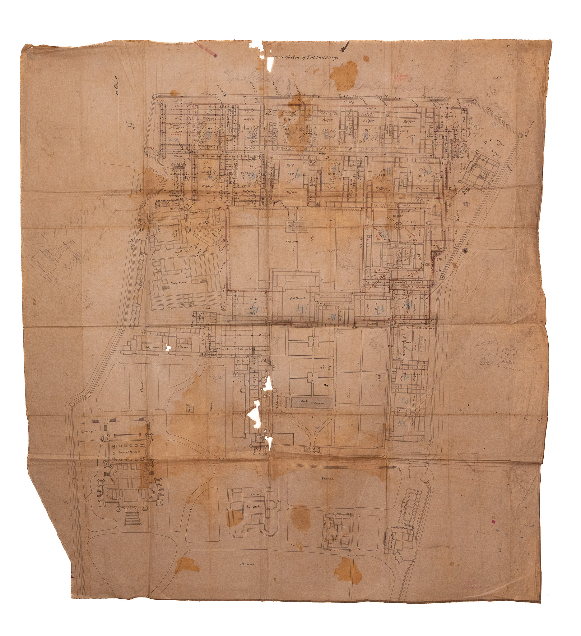 HAND SKETCH OF FORT BUILDINGS. MANUSCRIPT SITE PLAN OF A PALACE COMPLEX, BHOPAL, INDIA. CIRCA 1900.