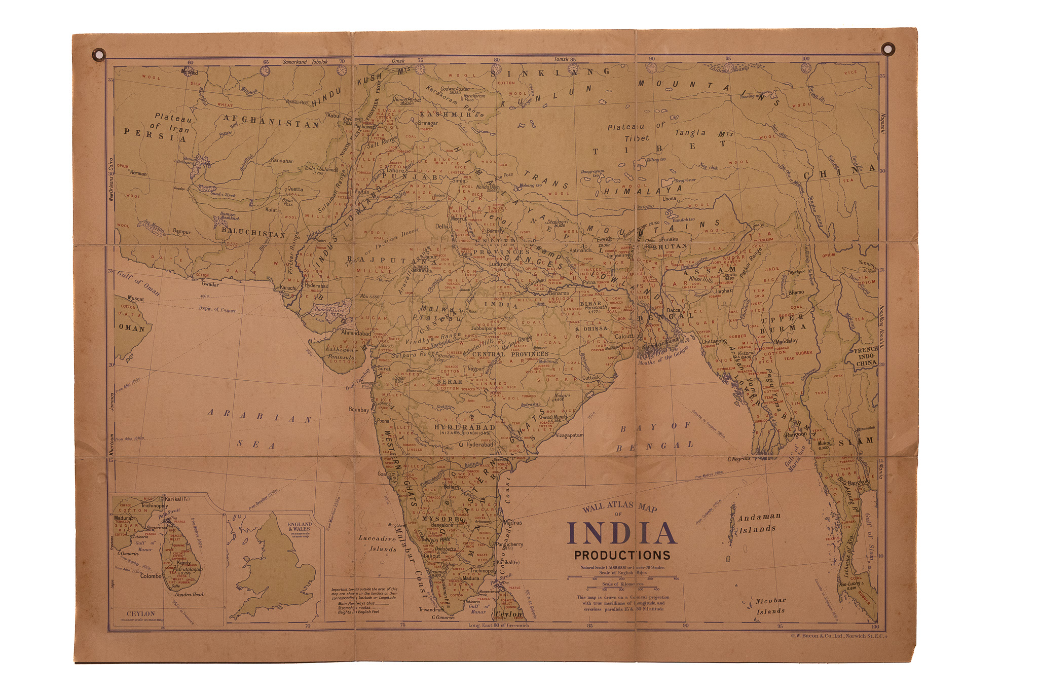 G.W. BACON & CO., LTD. WALL ATLAS MAP OF INDIA PRODUCTIONS. G.W. BACON & CO., LTD., [C. 1920].