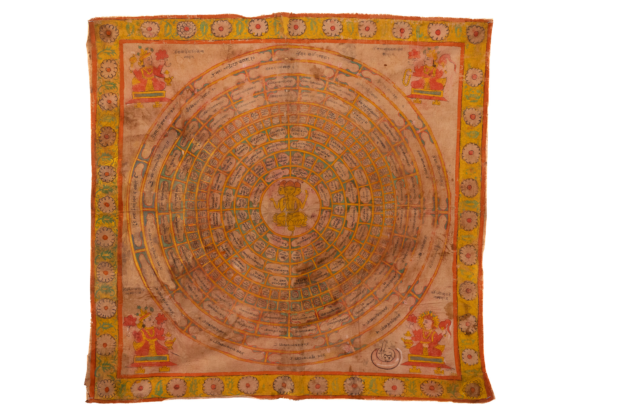 A NORTH INDIAN OR NEPALESE HAND-PAINTED SURI YANTRA MANDALA TEXTILE, 18TH CENTURY.
