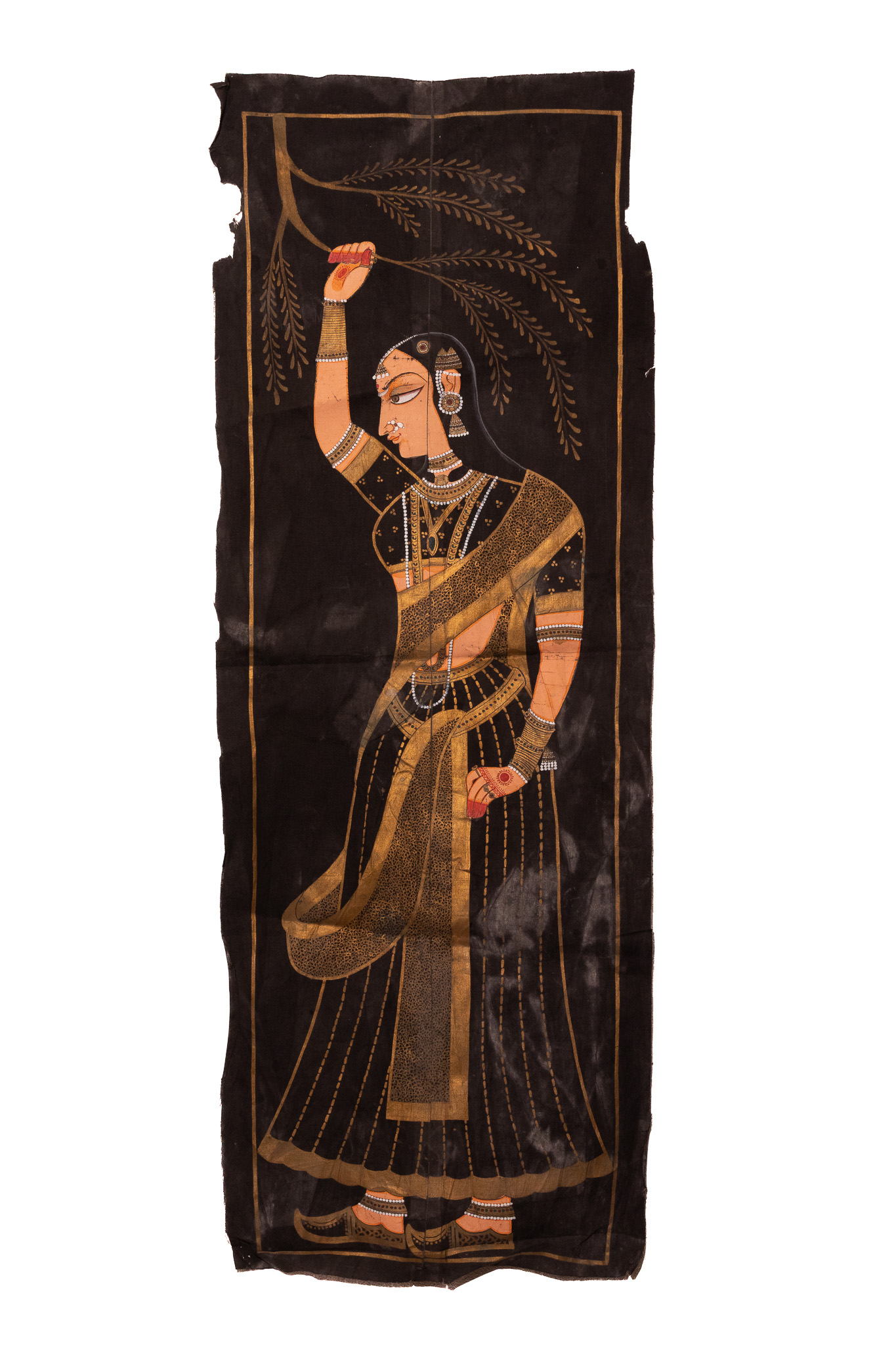 A RAJASTHANI HAND PAINTED TEXTILE PANEL DEPICTING A NAYIKA.