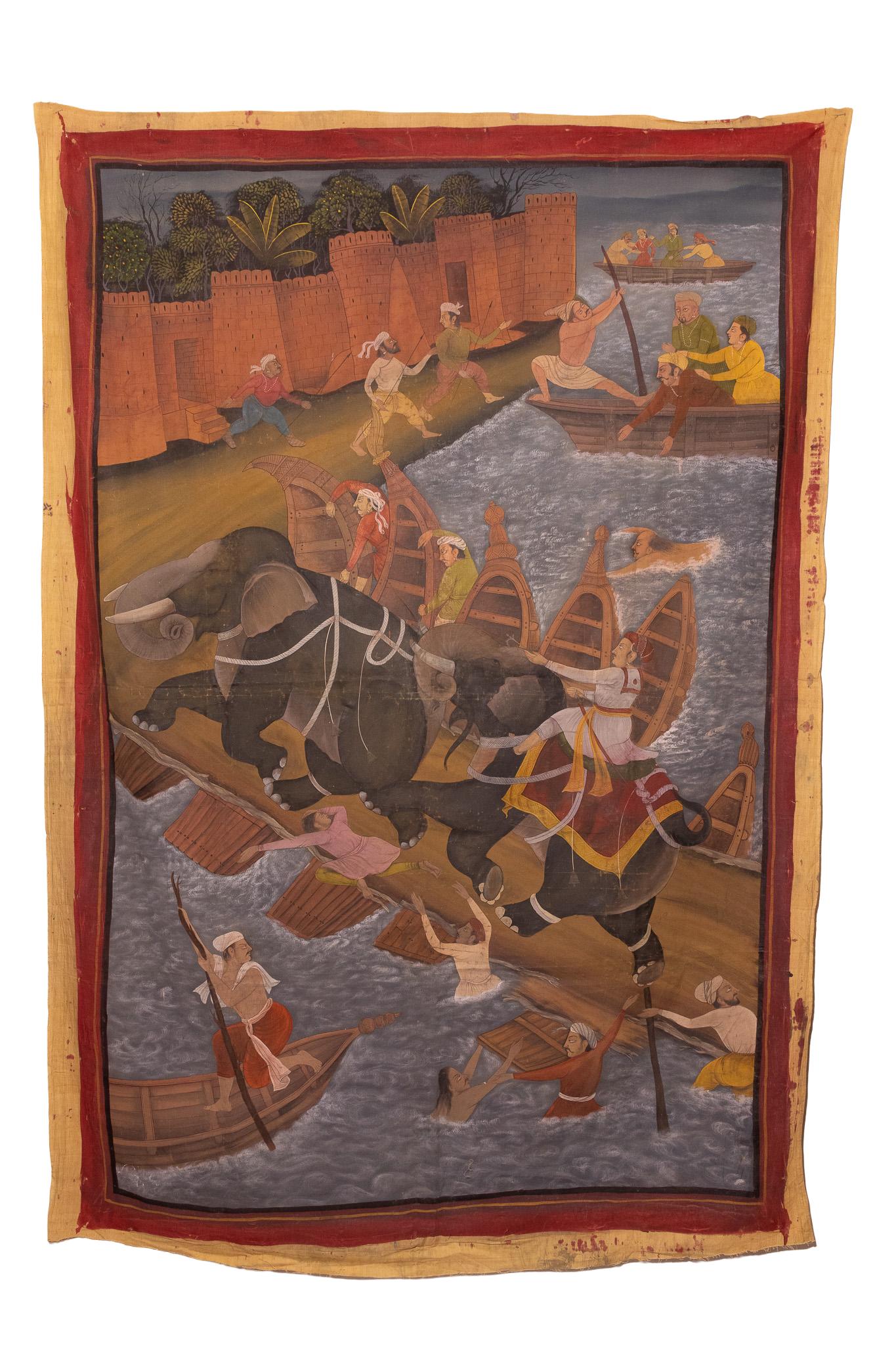 A LARGE INDIAN TEXTILE PAINTING AFTER THE AKBARNAMA DEPICTING AKBAR TAMING THE ELEPHANT HAWAI, 19TH CENTURY.