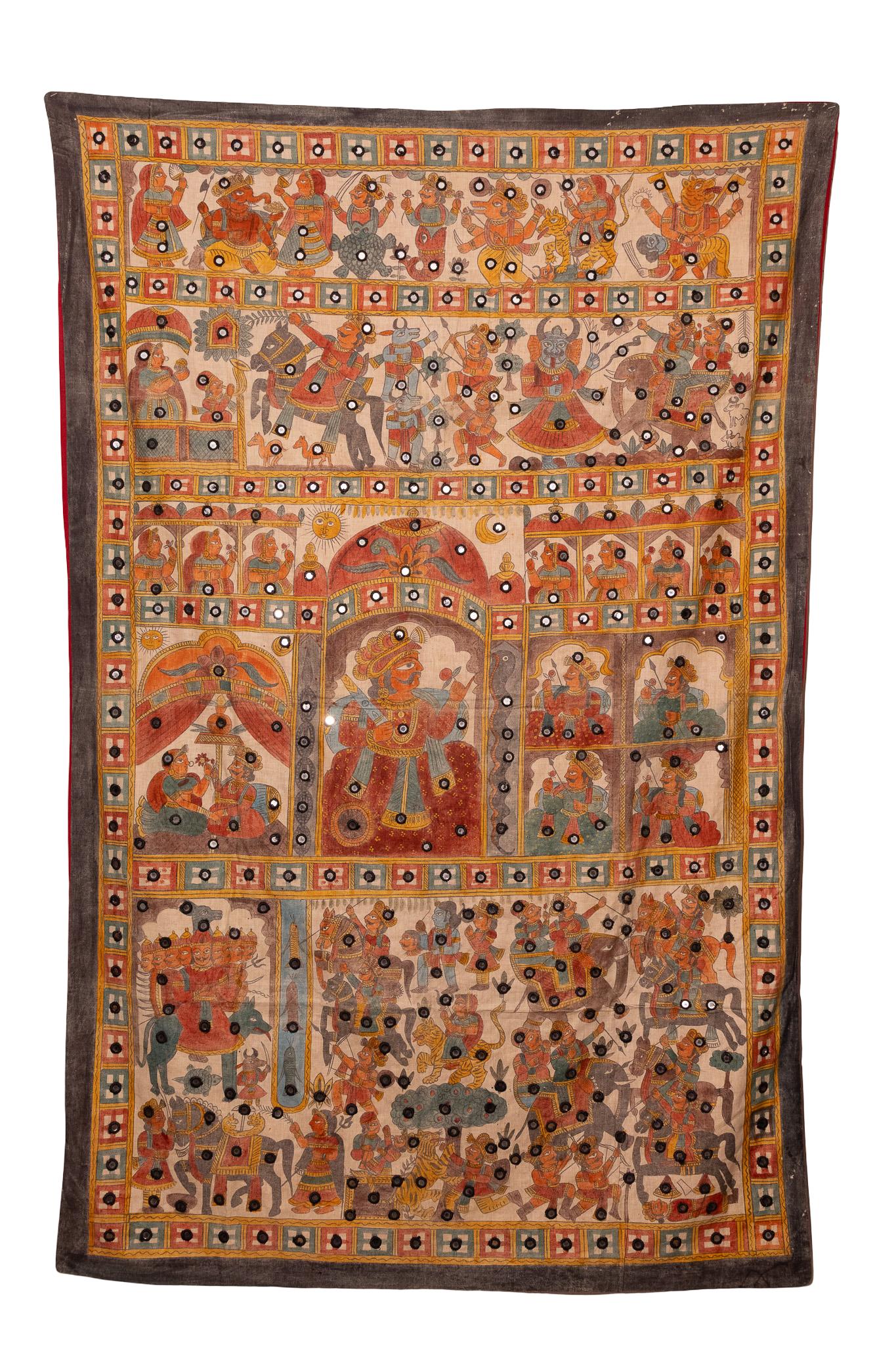 A LARGE RAJASTHANI PHAD FOLK NARRATIVE TEXTILE WITH MIRROR WORK, 19TH/20TH CENTURY.