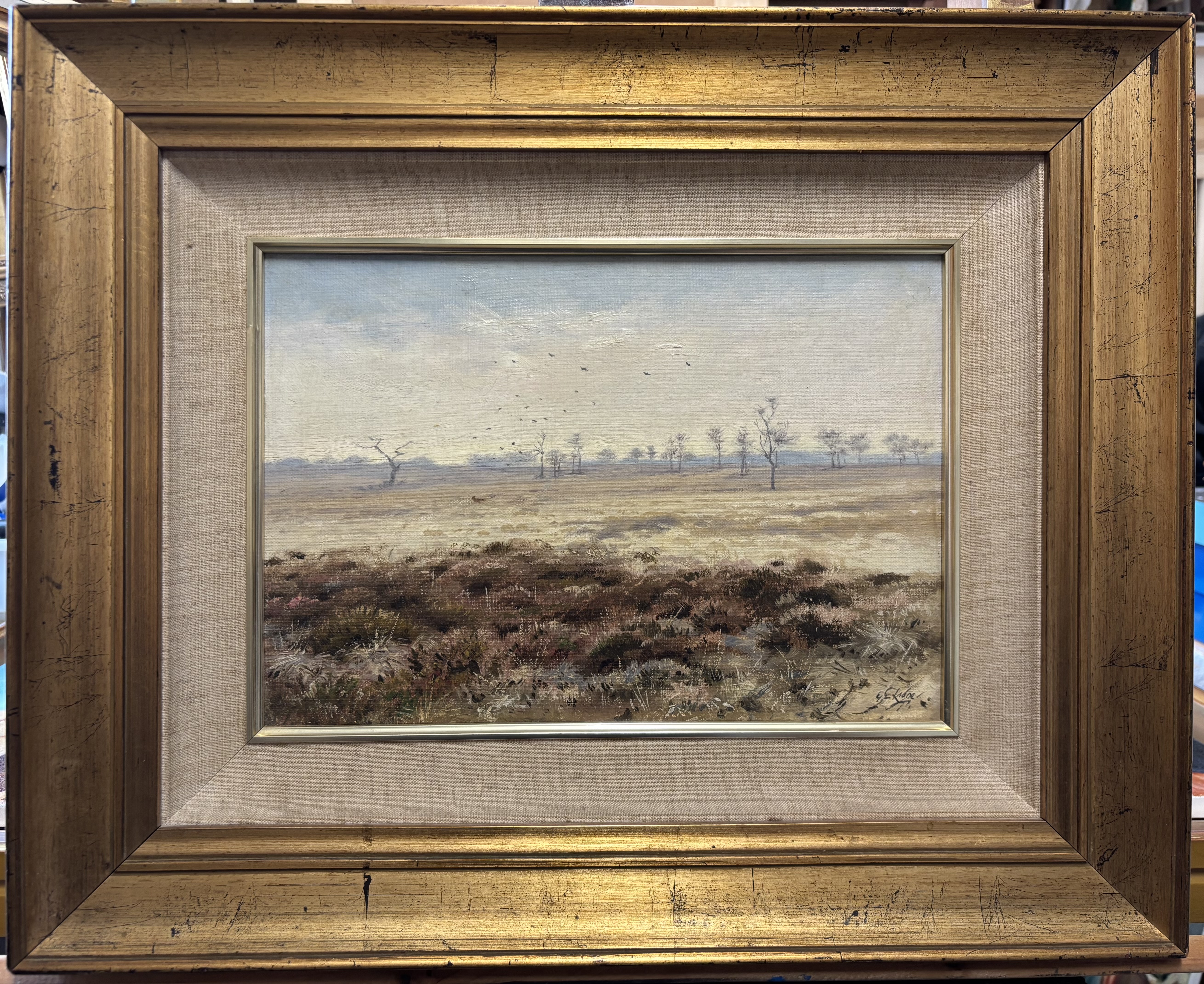 GEORGE EDWARD LODGE (1860–1954), "LANDSCAPE", OIL ON CANVAS BOARD.