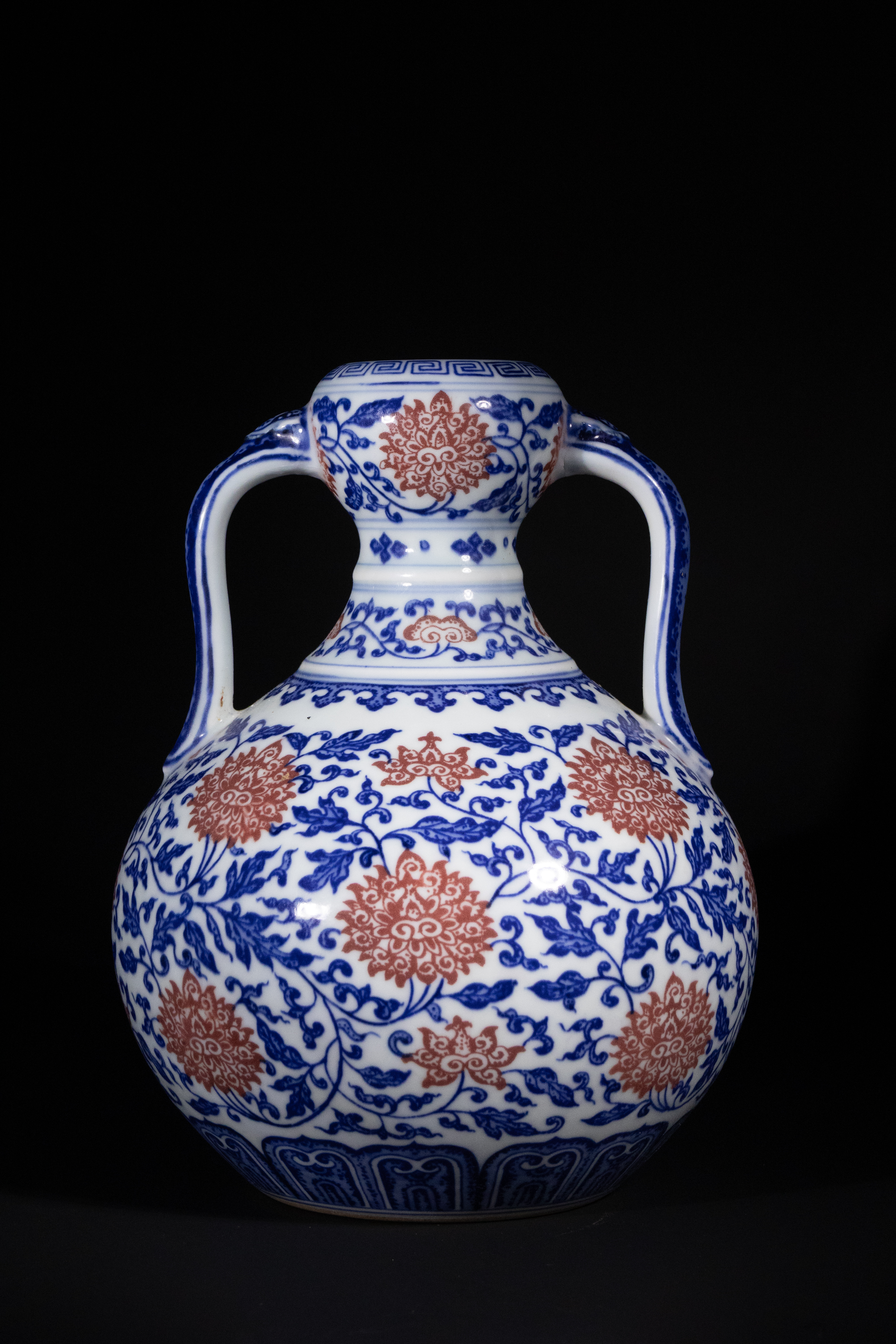 A Rare Chinese Underglaze Blue and Copper-Red Decorated Amphora-Form Vase, Yongzheng Mark