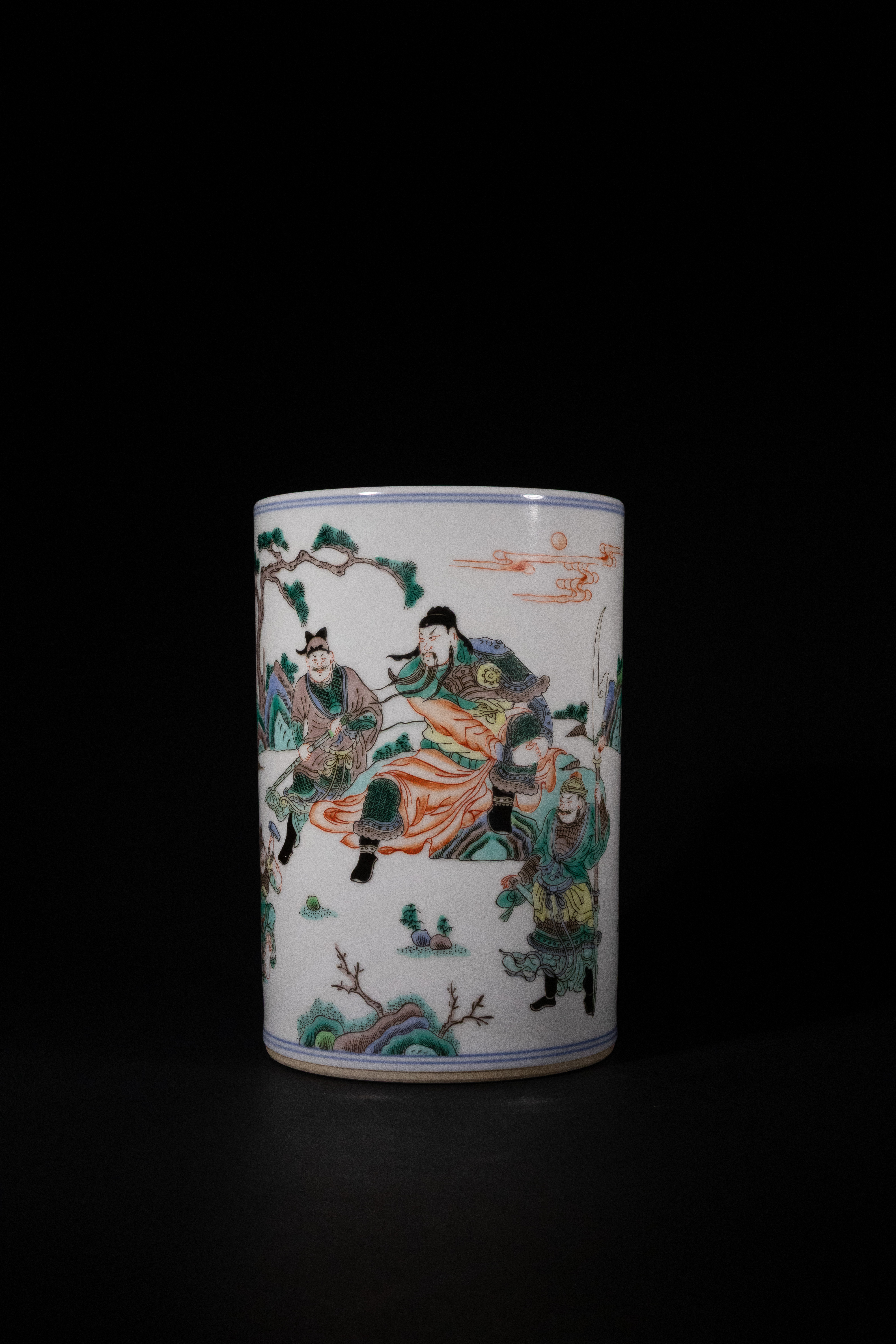 A Chinese Famille Verte 'Figure Story' Brush Pot, Kangxi Mark