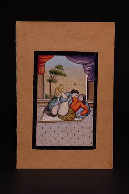 A QAJAR EROTIC MINIATURE PAINTING, 19TH CENTURY. An erotic miniature painting executed in 