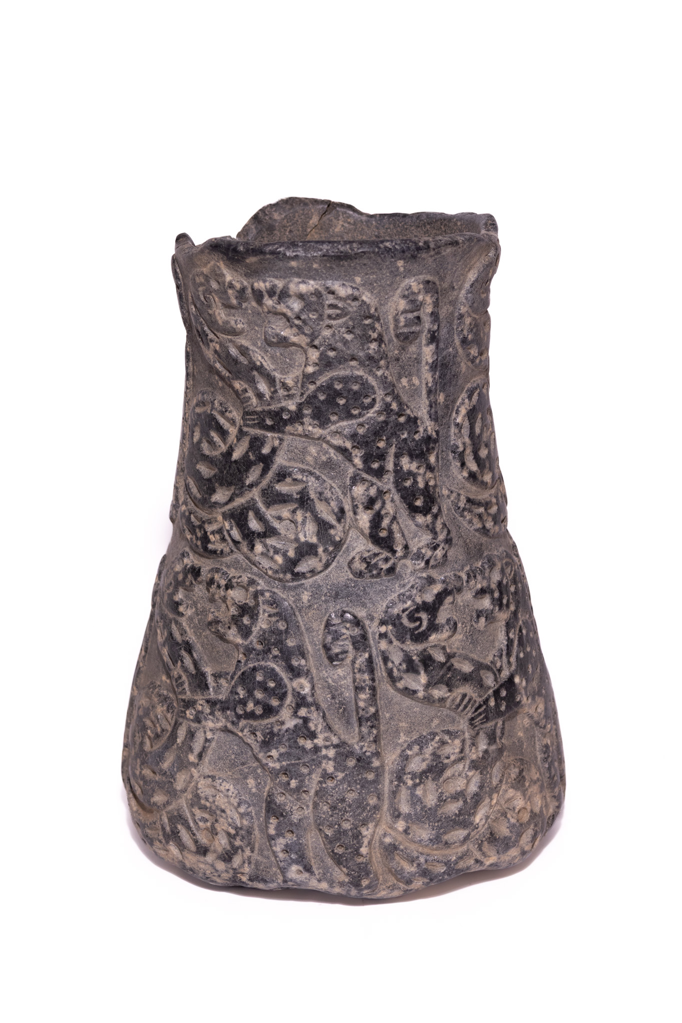 A BACTRIAN-STYLE CARVED STONE VASE WITH ANIMAL DECORATION.