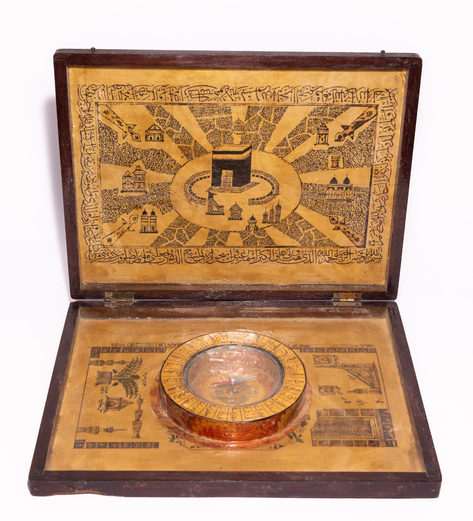 AN OTTOMAN STYLE ILLUSTRATED WOODEN QIBLA COMPASS BOX.