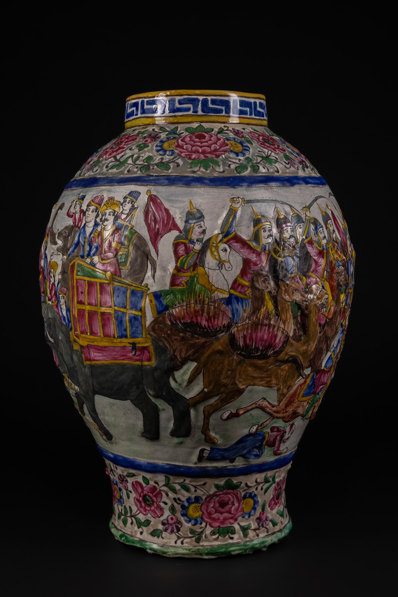 A LARGE QAJAR POLYCHROME ENAMELLED POTTERY VASE, 19TH CENTURY.
