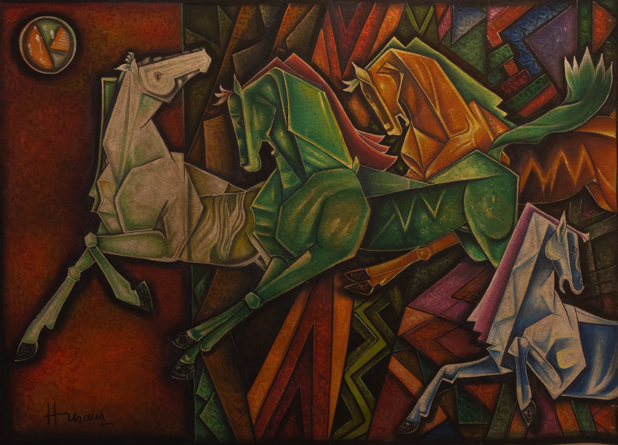 MAQBOOL FIDA HUSAIN (1915–2011), UNTITLED (GALLOPING HORSES), OIL ON CANVAS.