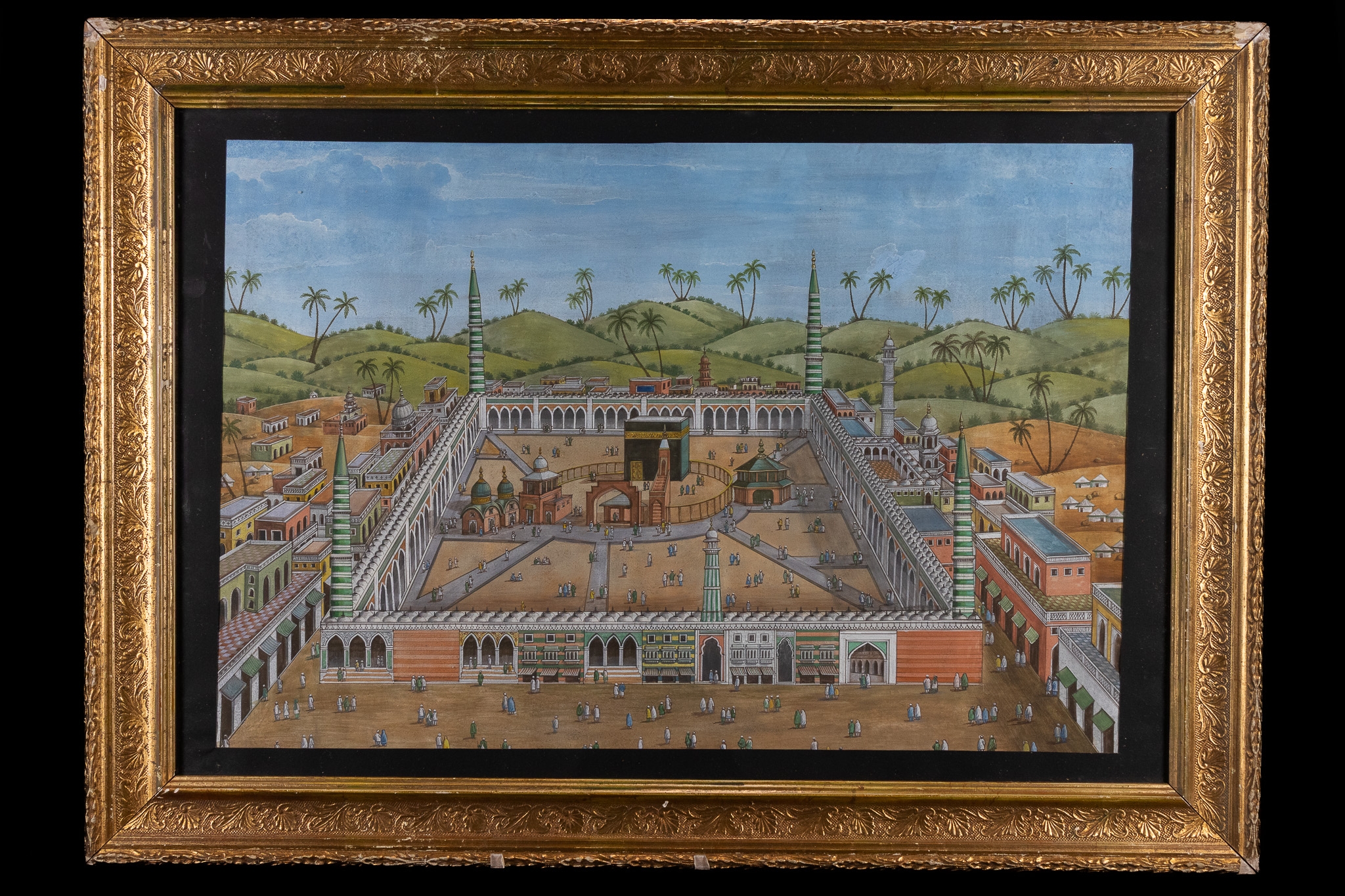 AN ISLAMIC PAINTING DEPICTING THE KAABA AND MASJID AL-HARAM, WATERCOLOUR ON PAPER, 20TH CENTURY.
