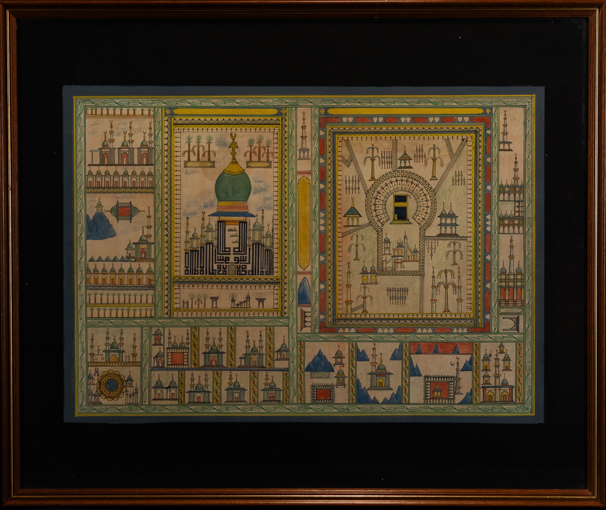 AN ISLAMIC PAINTING DEPICTING MECCA AND MEDINA WITH THE KAABA AND THE PROPHET'S MOSQUE, LATE 19TH - EARLY 20TH CENTURY.