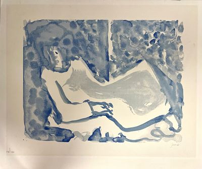 יחזקאל שטרייכמן 
ליטוגרפיה 
"אישה שוכבת בכחול" 
חתום וממוספר ביד האמן