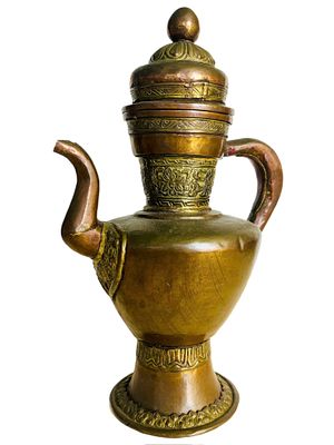 קומקום טיבטי דקורטיבי (פתוח מלמטה), נחושת וברונזה, 30x20 ס״מ, מעיכות קלות